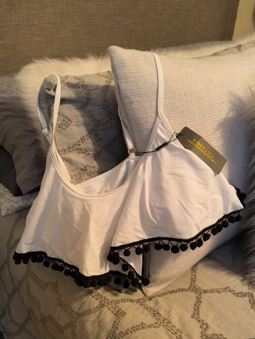 COSLAKA NWT White Pom-Pom Trim Flounce Bikini Top